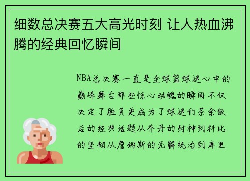 细数总决赛五大高光时刻 让人热血沸腾的经典回忆瞬间